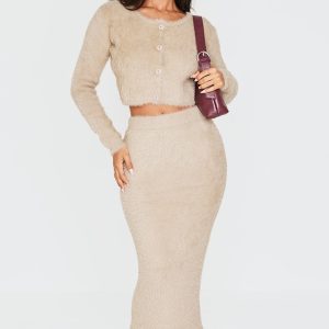 Petite Taupe Fluffy Knit Low Waist Maxi Skirt
