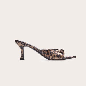 Leopard Bow Strap Low Heel Open Toe Mules