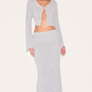 Navy Textured Striped Mid Rise Maxi Skirt