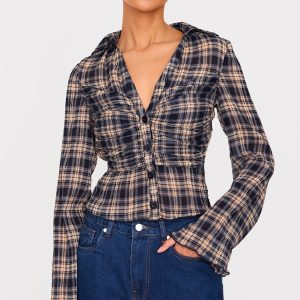 Blue Plisse Chiffon Check Blouse