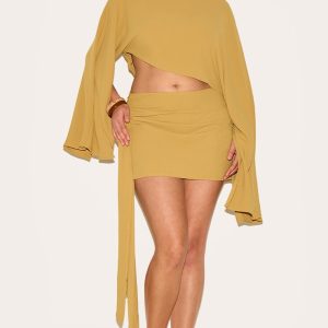Plus Deep Mustard Floaty Woven Knot Side Mini Skirt
