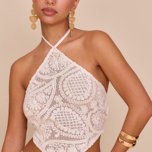 Cream Textured Embroidered Halterneck Tie Back Top