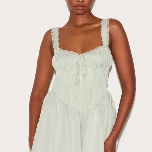 Sage Green Woven Lace Detail Strappy Playsuit
