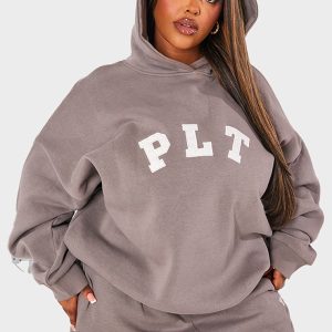 PRETTYLITTLETHING Plus Charcoal Logo Oversized Hoodie
