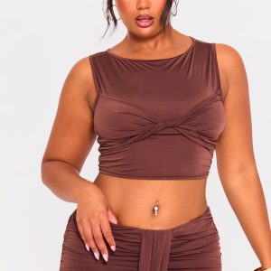Plus Brown Slinky Sleeveless Crop Top