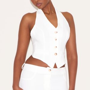 White Tailored Woven Backless Halterneck Waistcoat