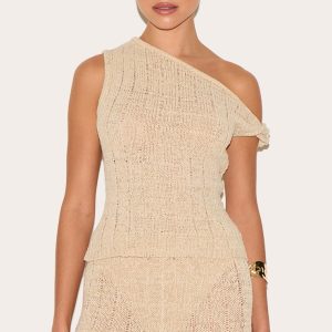 Oatmeal Textured Filigree Knit Twist Neck Vest Top