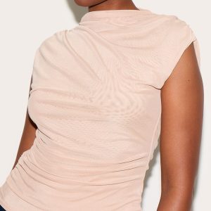 Nude Double Layer Mesh Ruched Detail Long Top