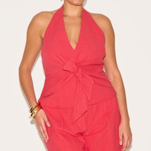 Plus Red Linen Twist Front Halter Neck Top