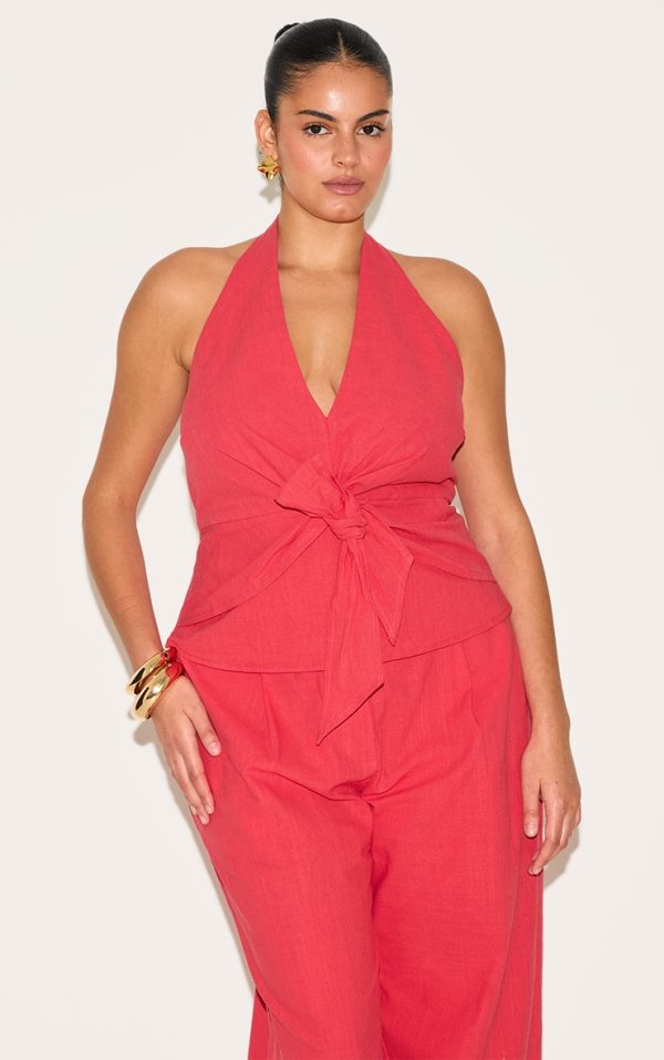 63a5097df28d5be5875185cf3d0acdef5f99ab4c_CNM6579_1_plus_red_linen_twist_front_halter_neck_top