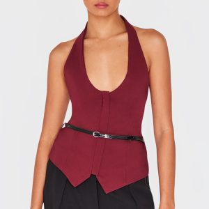 Burgundy Bengaline Belted Halterneck Long Top