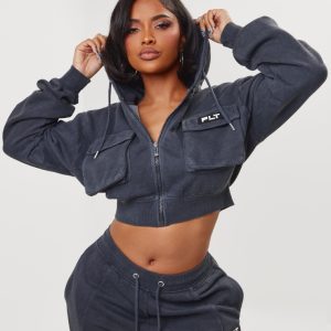 PRETTYLITTLETHING Shape Washed Charcoal Cargo Cropped Hoodie