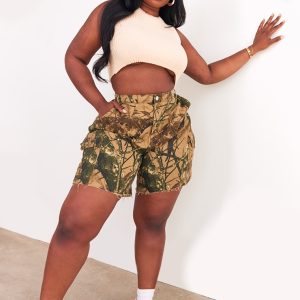 Plus Khaki Camo Denim Cargo Shorts