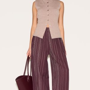 Petite Chocolate Stripe Linen Look Elasticated Waist Trousers