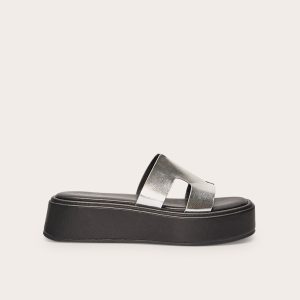 Silver Pu Strap Round Toe Flatform Sandals