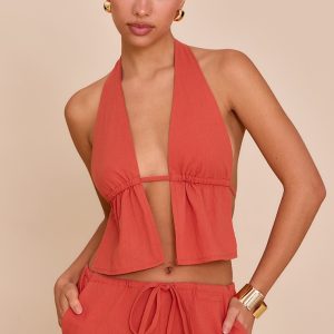Rust Cotton Halterneck Backless Plunge Top