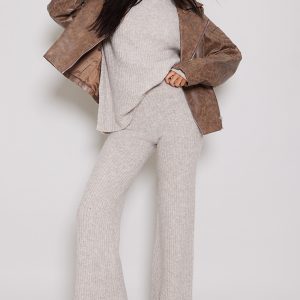 Tall Light Brown Luxe Rib Knit Wide Leg Trousers