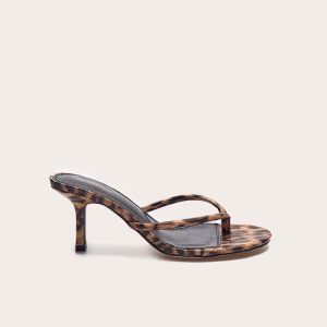 Leopard Print PU Round Toe Thong Mid Heeled Mules