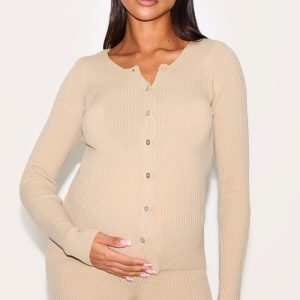 Maternity Oatmeal Button Up Long Sleeve Rib Knit Top