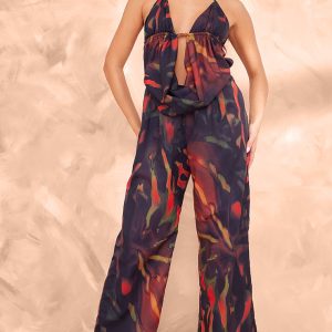 Black Leaf Printed Cowel Detail Halter Neck Jumpsuit