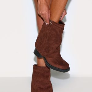 Chocolate Faux Suede Round Toe Fold Over Buckle Strap Ankle Boots