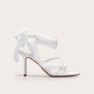 Ivory Satin Round Toe Lace Up Ribbon High Heel Sandals