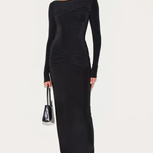 Black Sinky Ruched Panel Detail Maxi Dress - Beige, 6