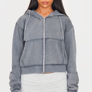 PRETTYLITTLETHING Charcoal Washed Embroidered Zip Up Hoodie