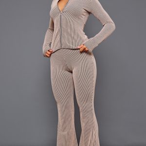 Mocha Two Tone Rib High Waist Flares