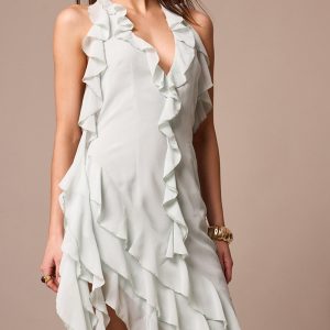 Sage Chiffon Frill Detail Plunge Midaxi Dress
