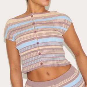 Shape Powder Blue Knitted Striped Button Front Boat Neck Top
