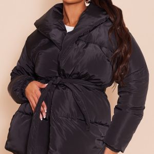 Maternity Black Oversized Collar Belt Puffer Coat