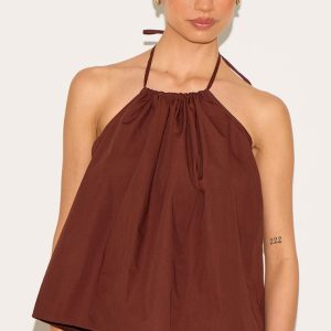 Tall Chocolate Poplin Low Back Halterneck Top