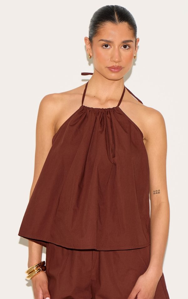 657d3916ceaf286f6b712229f8b0b08e1da3013a_CNM5625_1_tall_chocolate_poplin_low_back_halterneck_top