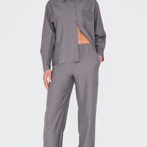 Grey Woven Pinstripe Detail Wide Leg Trousers