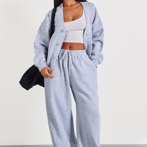 Petite Grey Marl Wide Leg Elasticated Drawstring Joggers