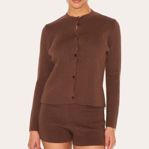 Petite Chocolate Knitted Button Up Cardigan