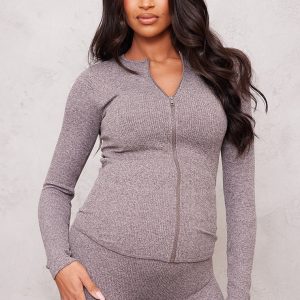 Maternity Chocolate Contour Rib Zip Up Cardigan