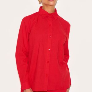 Petite Tomato Red Linen Look Button Up Shirt
