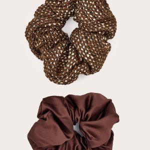 Brown Knitted & Satin Oversized Scrunchie 2 Pack