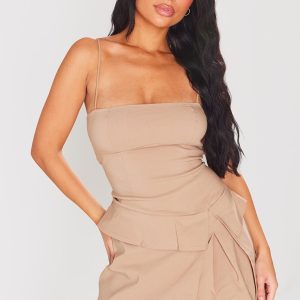 Taupe Stretch Woven Pleated Strappy Shift Dress