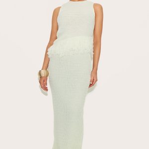 Petite Cream Fringe Edge Knit Maxi Skirt