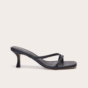 Black Pu Square Toe Strappy Toe Thong Mid Stiletto Heeled Mules