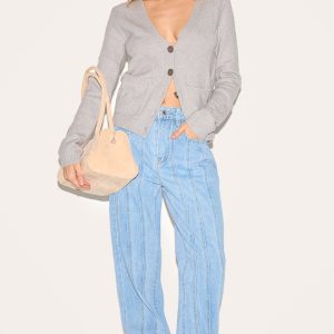 Light Blue Wash Panelled Seam Detail Straight Leg Jeans