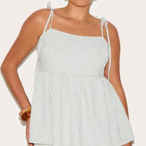 Plus Sage Green Woven Textured Striped Floaty Top
