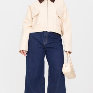 Plus Beige Contrast Collar Twill Jacket