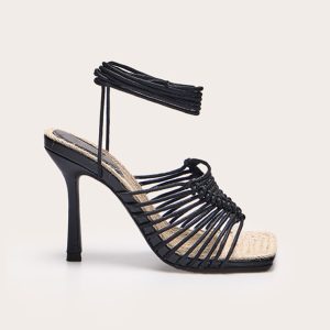 Black Pu Square Knotted Toe Lace Up Heeled Sandals