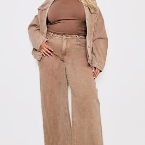 Plus Brown Washed Boyfriend Low Rise Jeans