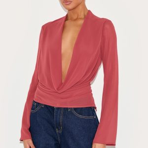 Blush Rose Chiffon Long Sleeve Sheer Cowl Blouse