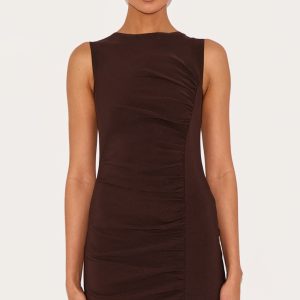Chocolate Stretch Woven Ruched Bodycon Dress